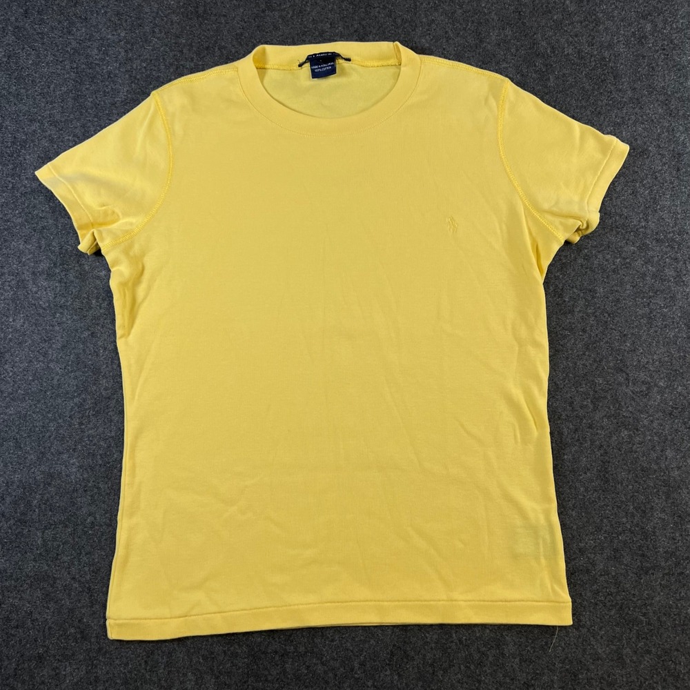 Ralph Lauren Sport Women Yellow Cotton Ribbed Crew Neck T-Shirt Size L Pony Logo
